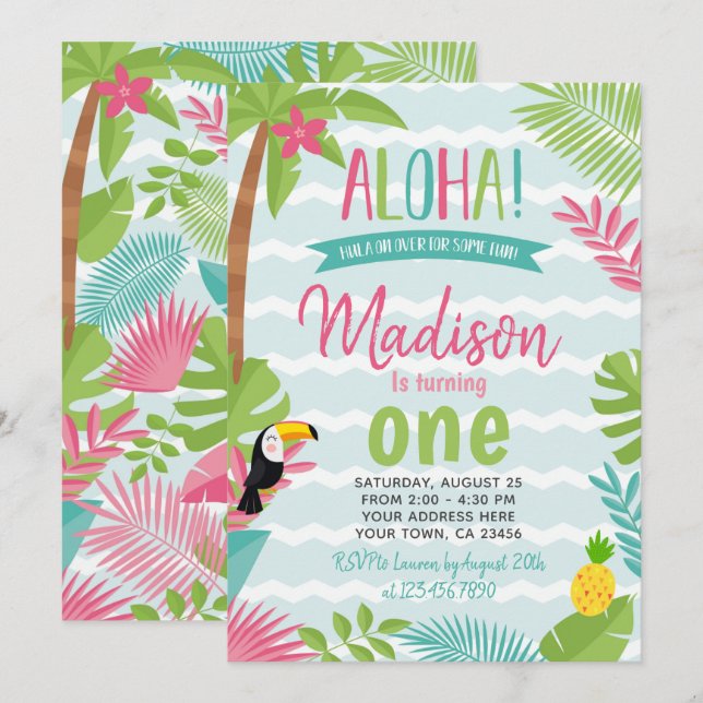 Invitation Luau 1er anniversaire (Devant / Derrière)