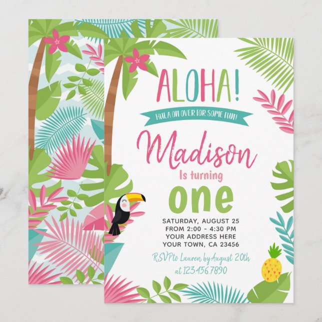 Invitation Luau 1er anniversaire (Devant / Derrière)