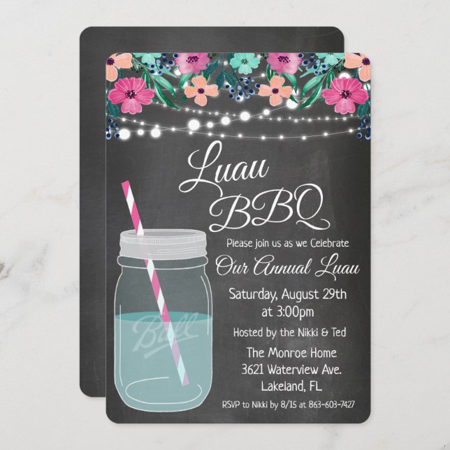 Invitation Luau Aloha Mason Jar (Devant / Derrière)