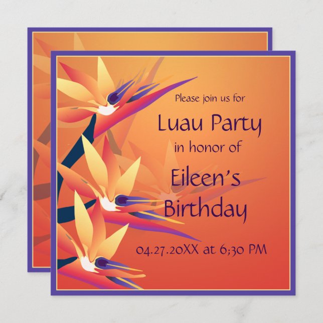 Invitation Luau Anniversaire Fête Tropicale de l'Oiseau du Pa (Devant / Derrière)