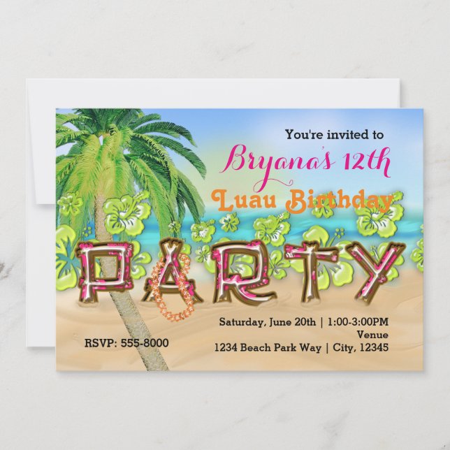 Invitation Luau Beach FÊTE Typographie Anniversaire Invitatio (Devant)