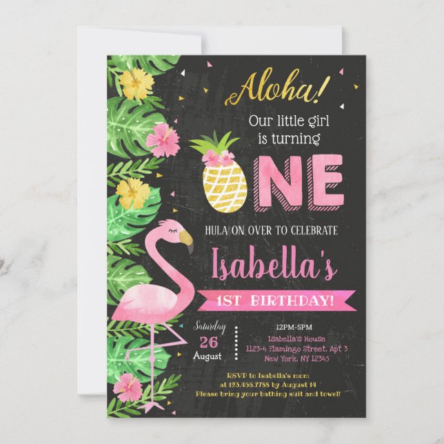 Invitation  Luau Flamant rose Tropical 1er Anniversaire Invit (Devant)