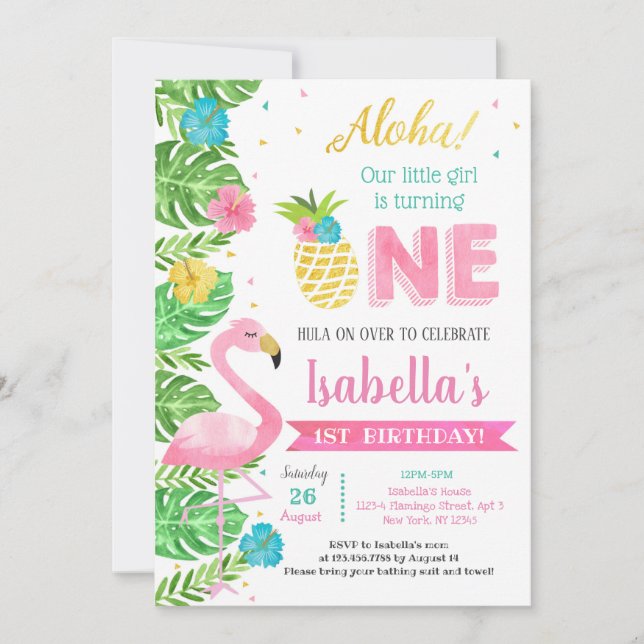Invitation  Luau Flamant rose Tropical 1er Anniversaire Invit (Devant)