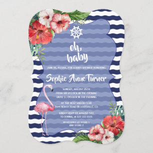 Invitation Luau Flamant rose Tropical Navy Stripes BABY SHOWE