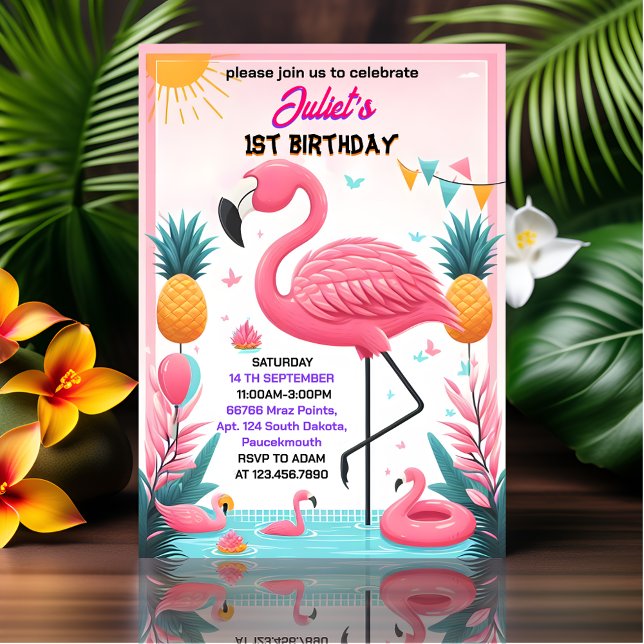 Invitation Luau Fly Pink Flamant rose Pool Party 1er annivers (Créateur téléchargé)