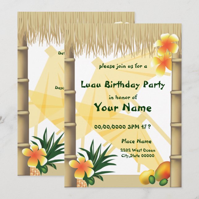 Invitation Luau Hawaïen Cabane Tiki Tropical Anniversaire (Devant / Derrière)