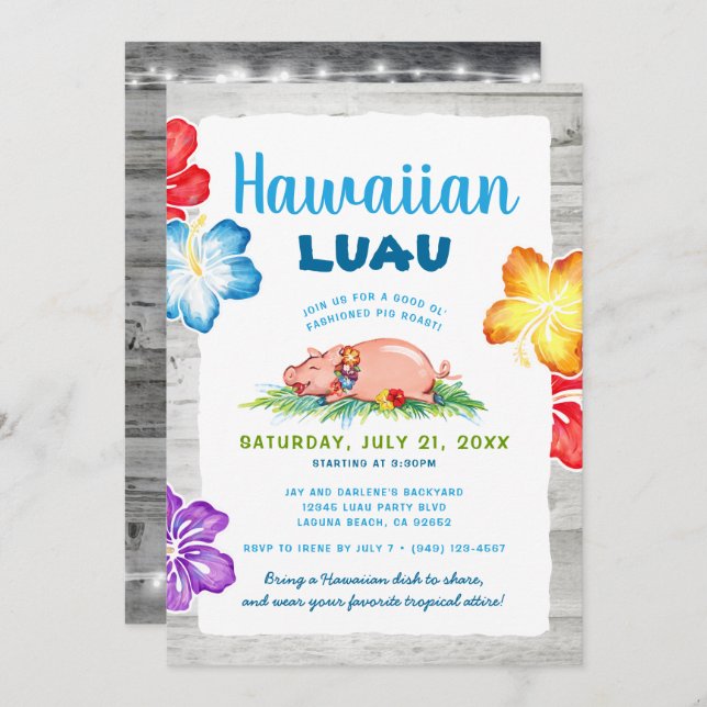 Invitation Luau Hawaïen Tropical | Cochon de Lait Fleurs Rust (Devant / Derrière)