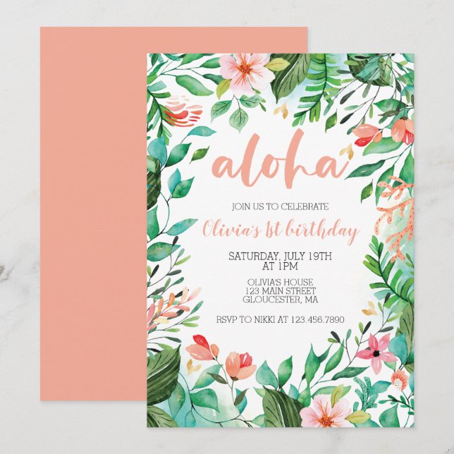 Invitation Luau pour le premier anniversaire Aloha Tropical (Devant / Derrière)