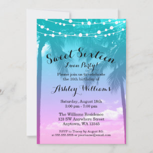 Invitation Luau Tropical Anniversaire 16 Ans Rose Turquoise