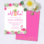 Invitation Luau Tropical Floral Girl été Anniversaire<br><div class="desc">Ce design est accentué par des points dorés, des branches de palmiers tropicaux, un flamand, une ananas et des fleurs d'hibiscus. Cliquez sur le bouton personnaliser si vous souhaitez déplacer/mettre à l'échelle les images et modifier le texte ! Des variantes de ce design, des couleurs supplémentaires, ainsi que des produits...</div>