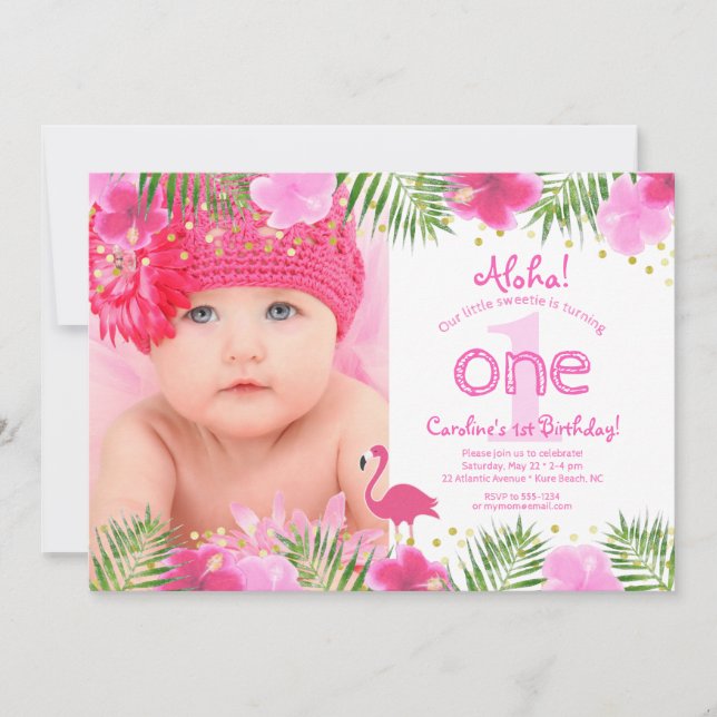 Invitation Luau Tropical Floral Photo Girl 1er anniversaire (Devant)