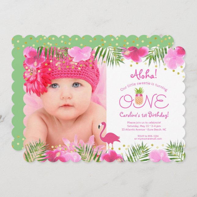 Invitation Luau Tropical Floral Photo Girl 1er anniversaire (Devant / Derrière)
