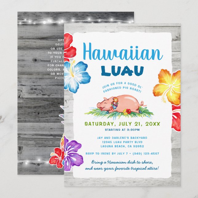 Invitation Luau Tropical Hawaïen | Cochon de Lait Fleurs Rust (Devant / Derrière)