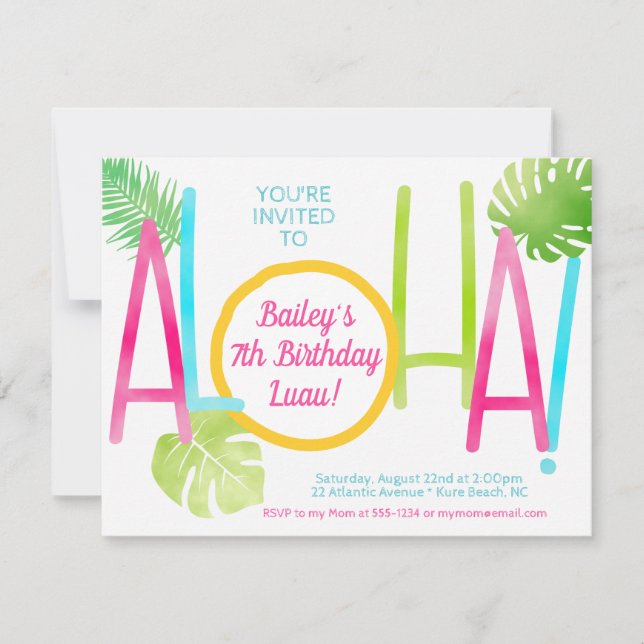 Invitation Luau Tropical Rose Bleu & Vert Aloha Anniversaire (Devant)
