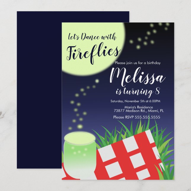 Invitation Lucioles lumières clignotantes pique-nique camping (Devant / Derrière)