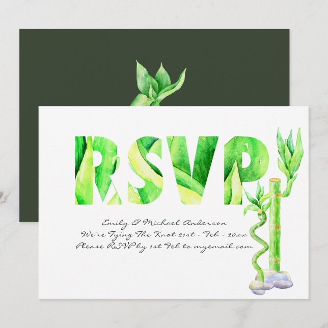 Invitation Lucky Bamboo Mariage RSVP Vert Blanc Frais (Devant / Derrière)