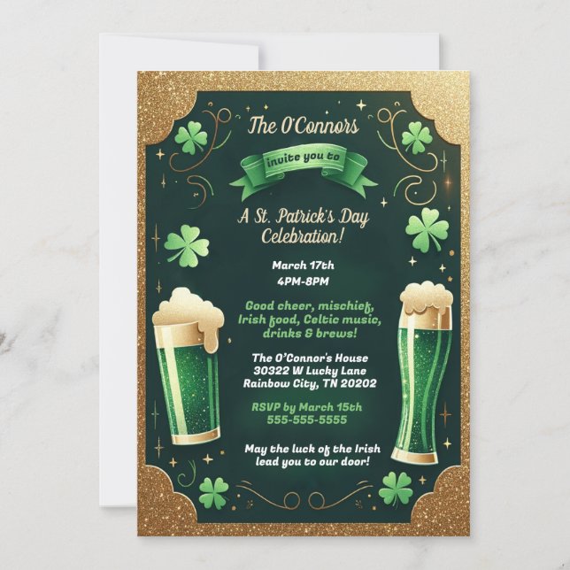 Invitation Lucky Beers Parties scintillant St. Patrick's Day  (Devant)