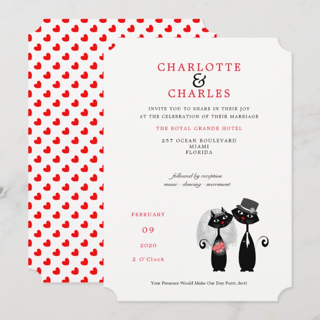 Invitation Lucky Black Cats Mariée | Groom Purr.fect Mariage (Devant / Derrière)