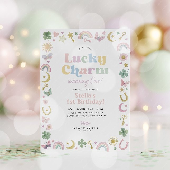 Invitation Lucky Charm 1st Birthday St Patricks Day Rainbow (Lucky Charm! St Patrick's Day 1st birthday invitation in pastel colours. )