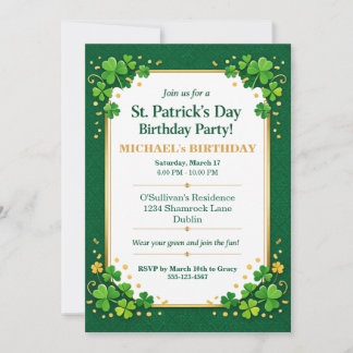 Invitation Lucky Green Gold Festive Shamrock Clover Birthday 