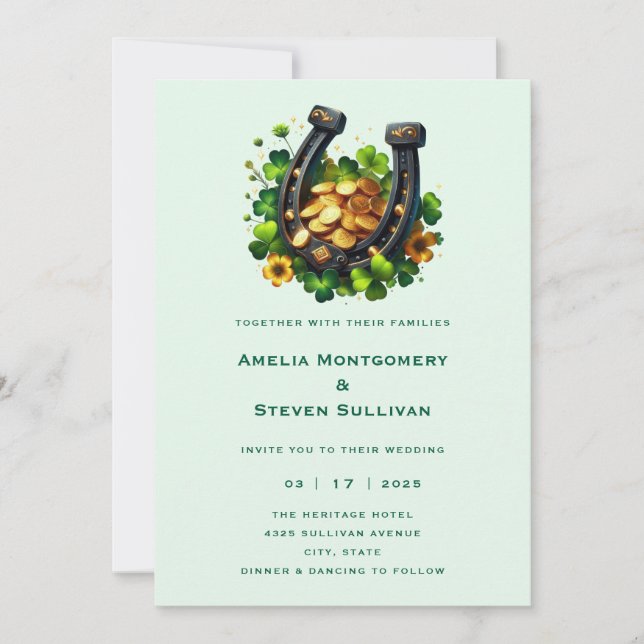 Invitation Lucky Horseshoe Gold Coins et Clover Mariage (Devant)