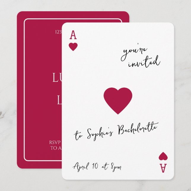 Invitation Lucky In Love Bachelorette Ace Of Hearts (Devant / Derrière)