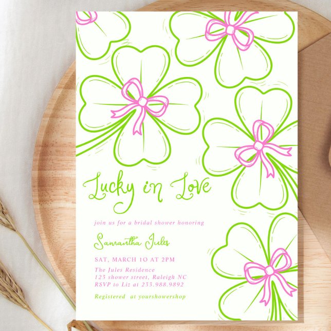 Invitation Lucky in Love Bridal Shower Pink Green Shamrock  (Créateur téléchargé)