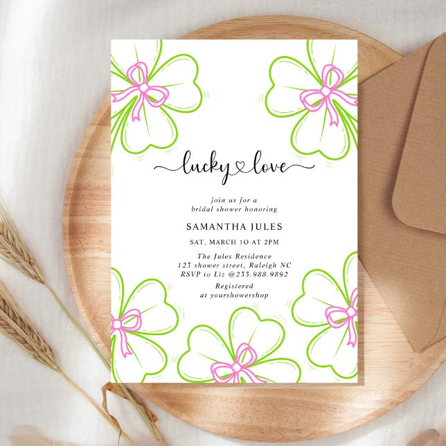 Invitation Lucky in Love Mariage Fête Rose Vert Trèfle  (Créateur téléchargé)