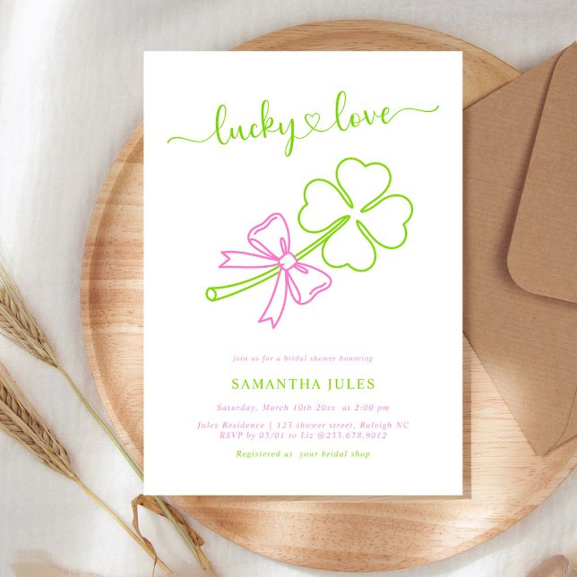 Invitation Lucky in Love Mariage Fête Rose Vert Trèfle  (Créateur téléchargé)