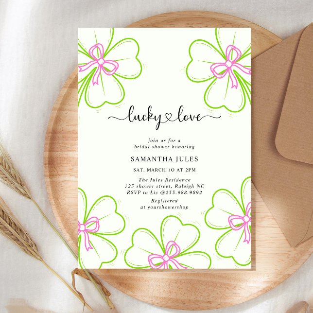 Invitation Lucky in Love Mariage Fête Rose Vert Trèfle  (Créateur téléchargé)