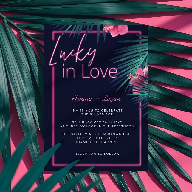 Invitation Lucky In Love Neon Pink Tropical Retro Mariage (Lucky In Love Neon Pink Tropical Retro Wedding Invitation)