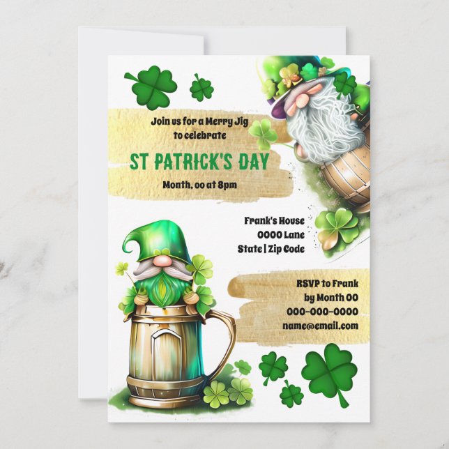Invitation Lucky Irish bière leprechaun gnome shamrock cloche (Devant)