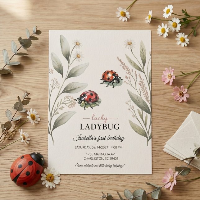 Invitation Lucky Ladybug Aquarelle Fleurie Fille 1er Annivers (Créateur téléchargé)