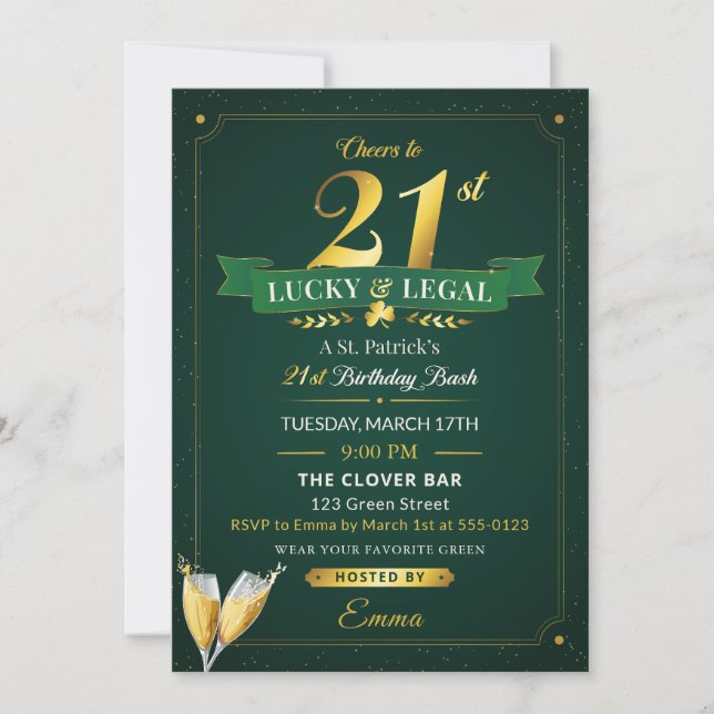 Invitation Lucky & Legal 21st Birthday Green & Gold Glitter (Devant)