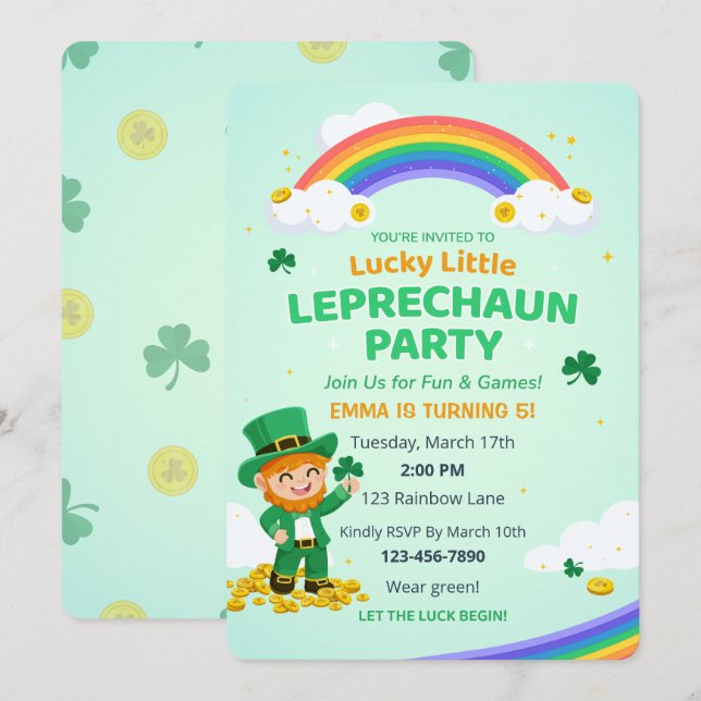 Invitation Lucky Little Leprechaun Rainbow Kid Birthday Party (Devant / Derrière)