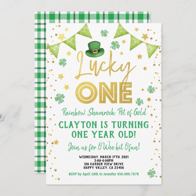 Invitation Lucky One Baby First Birthday St Patrick's Day (Devant / Derrière)