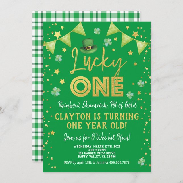 Invitation Lucky One Baby First Birthday St Patrick's Day (Devant / Derrière)