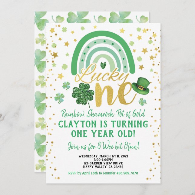 Invitation Lucky One Baby First Birthday St Patrick's Day (Devant / Derrière)