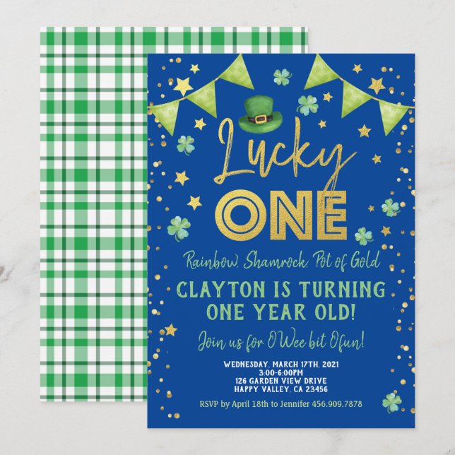 Invitation Lucky One Boy Premier Anniversaire St Patrick's Da (Devant / Derrière)