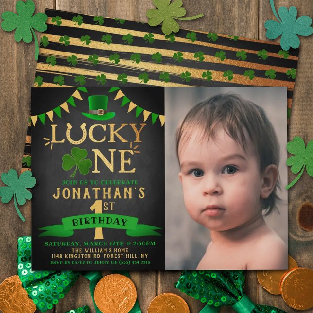 Invitation Lucky One Chalkboard Photo 1er Anniversaire Invita (Créateur téléchargé)