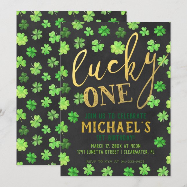 Invitation Lucky One | Fête d'anniversaire de la Saint-Patric (Devant / Derrière)