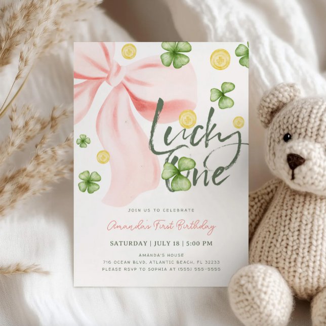 Invitation Lucky One Pink Bow St. Patrick's Girl 1st Birthday (Créateur téléchargé)