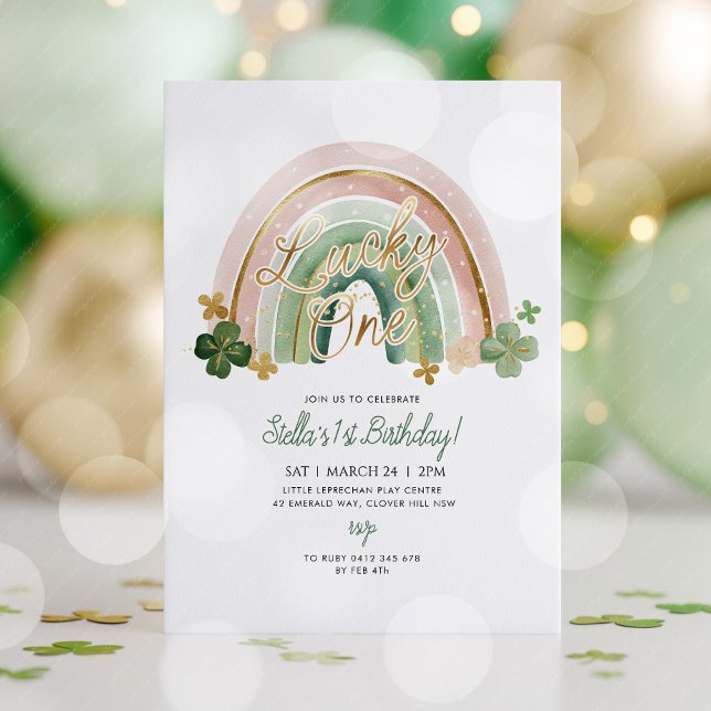 Invitation Lucky One ! Saint-Patrick 1er anniversaire Arc-en- (Lucky One! St Patricks day 1st birthday invitation with cute rainbow and shamrocks with gold detail)