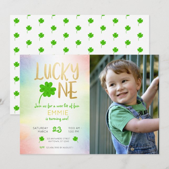 Invitation Lucky One St. Patricks Day Shamrock Photo Annivers (Devant / Derrière)