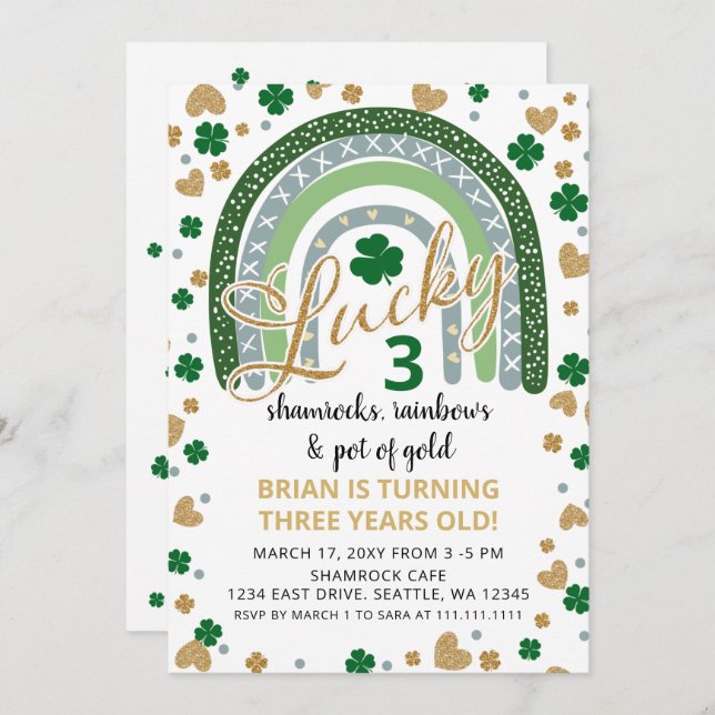 Invitation Lucky Shamrock Rainbow St Patrick Boy anniversaire (Devant / Derrière)