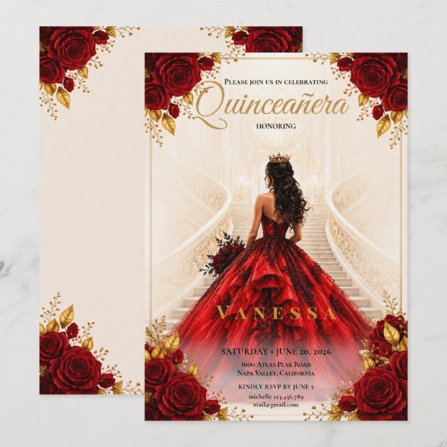 Invitation lue et dorée pour Quinceanera (Devant / Derrière)