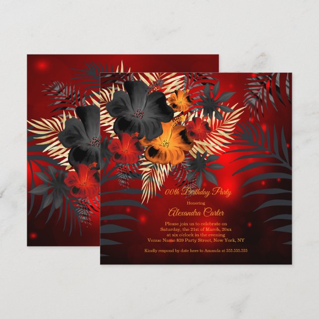 Invitation Lueur rouge Orange Hibiscus noir Fête d'anniversai (Devant / Derrière)