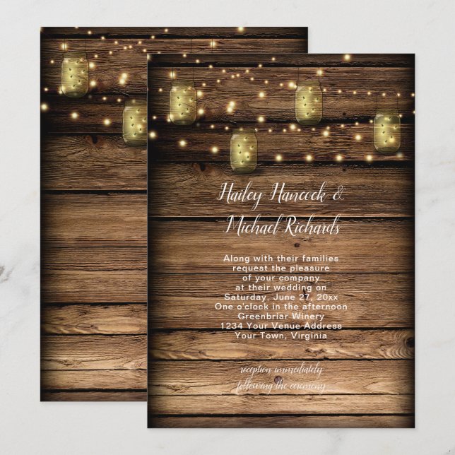 Invitation Lueurs à cordes rustiques Mason Jar Fireflies (Devant / Derrière)
