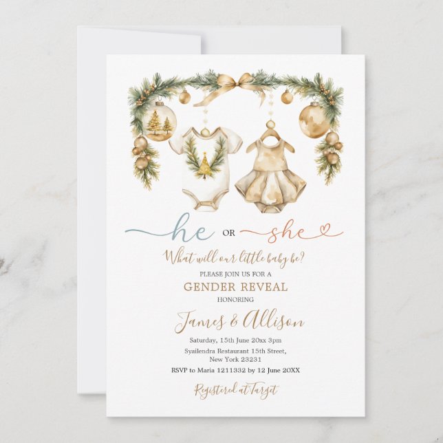 Invitation Lui ou Elle Bébé Vêtements Or Noël Genre Révélatio (Devant)