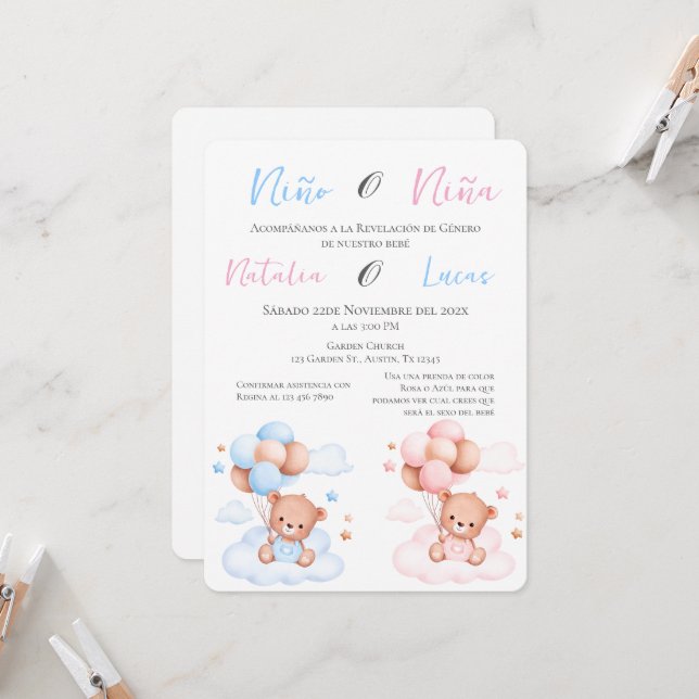 Invitation Lui ou elle Bleu ou rose Genre Reveillez Invitatio (Devant/Arrière en situation)